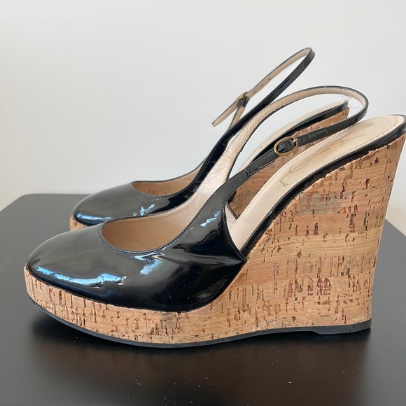 Yves Saint Laurent Black Patent Cork Wedge Sandals Size 39